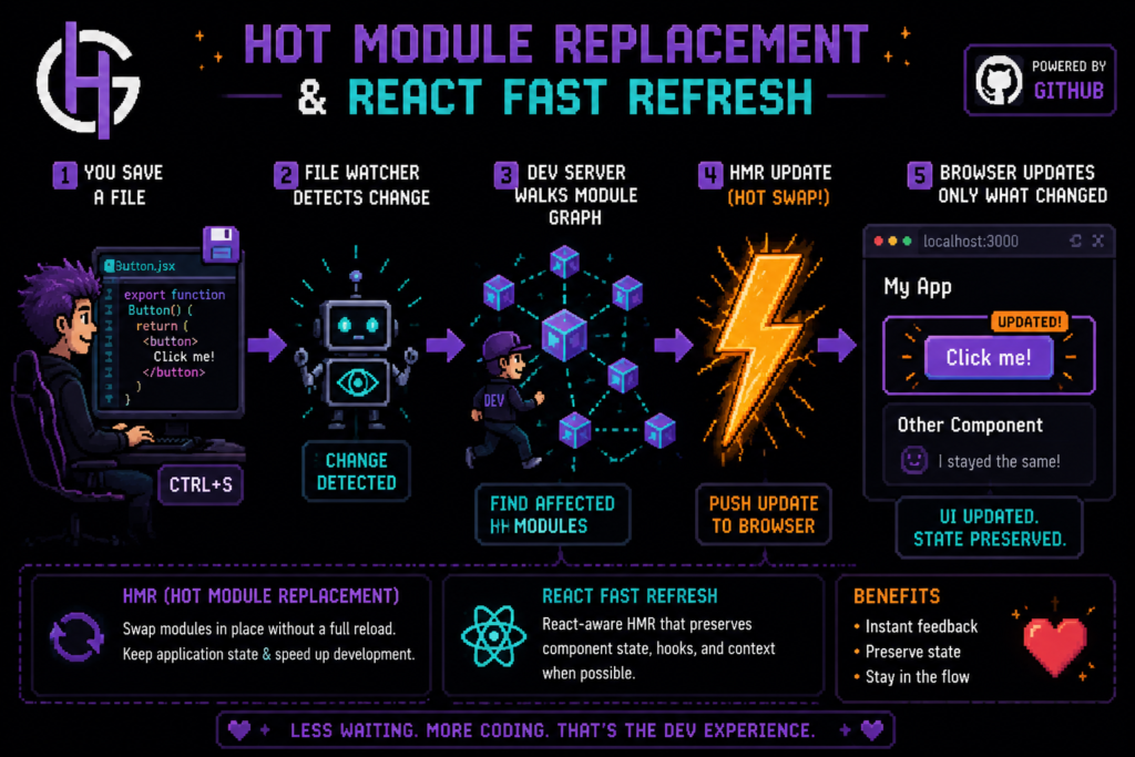 فرآیند Hot Module Replacement و React Fast Refresh پس از تغییر فایل در dev server
